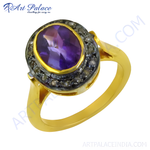 Load image into Gallery viewer, gold plating ring with oval-cut purple amethyst gemstone and diamond accents
