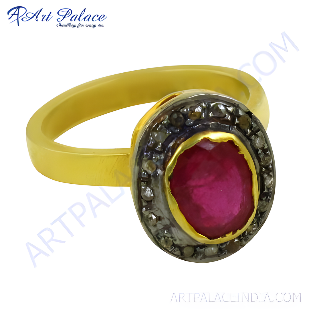 Gold-plated ruby and diamond ring for women. Featuring a large oval-cut ruby gemstone with diamond accents.
