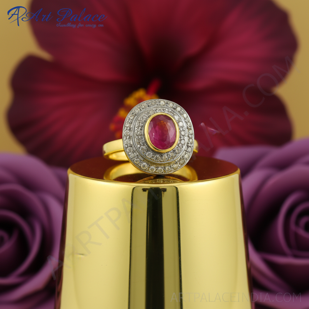 Ruby & diamond halo ring | gold plated | women's jewelry gift