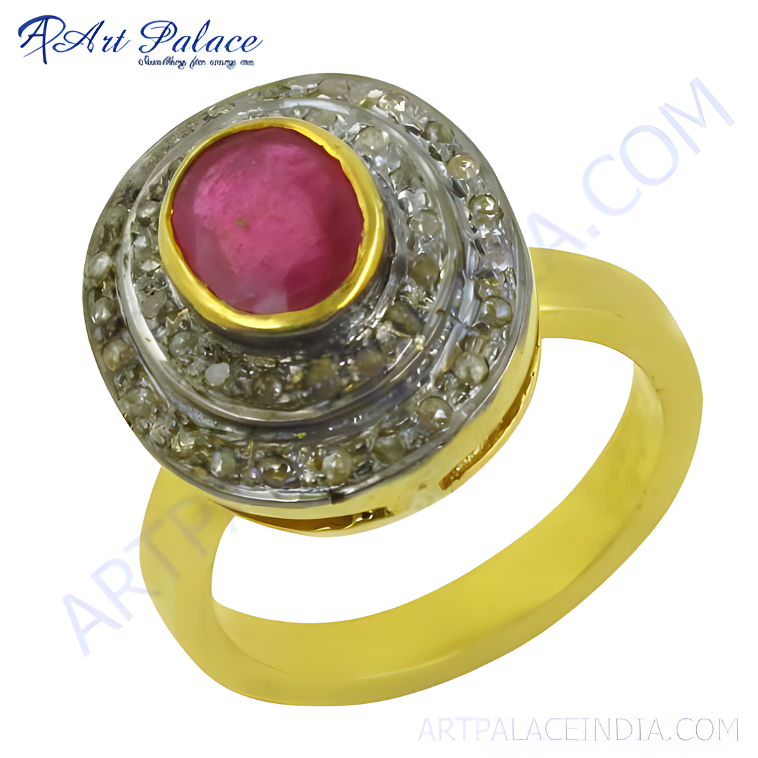 Gold plated ring with a central ruby gemstone and diamond halo design, perfect for gifting.
