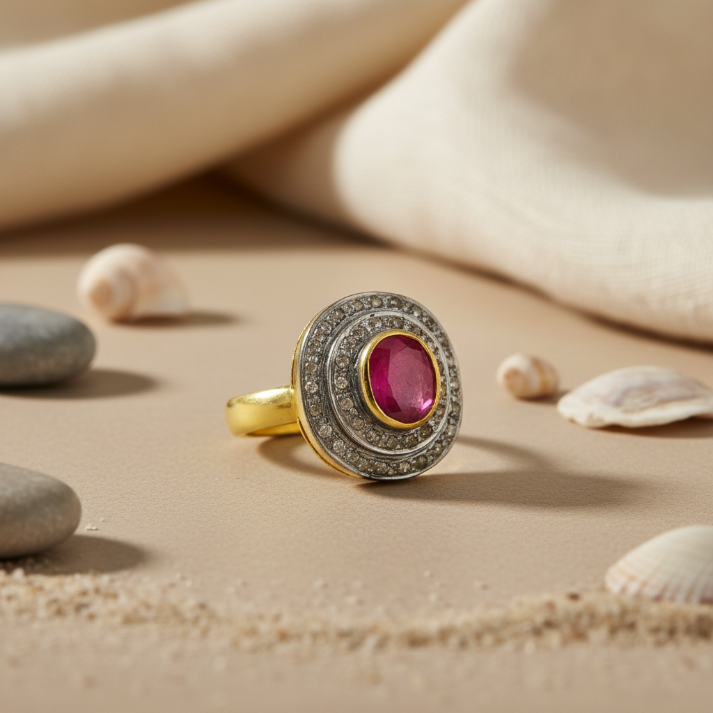 Ruby & Diamond Halo Ring | gold plating Plated | Women's Jewelry Gift