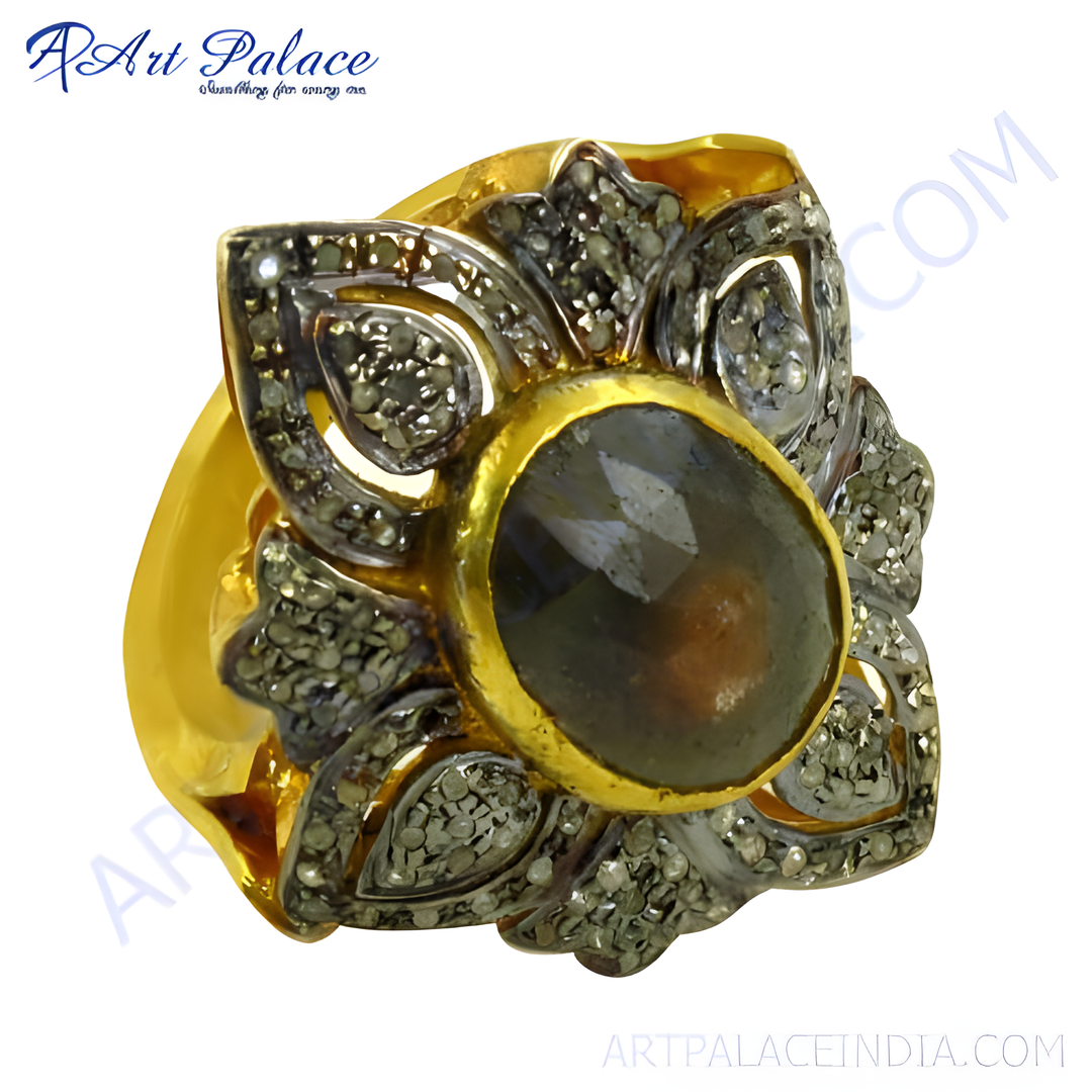 gold plating ring with a large central gemstone surrounded by diamond accents.