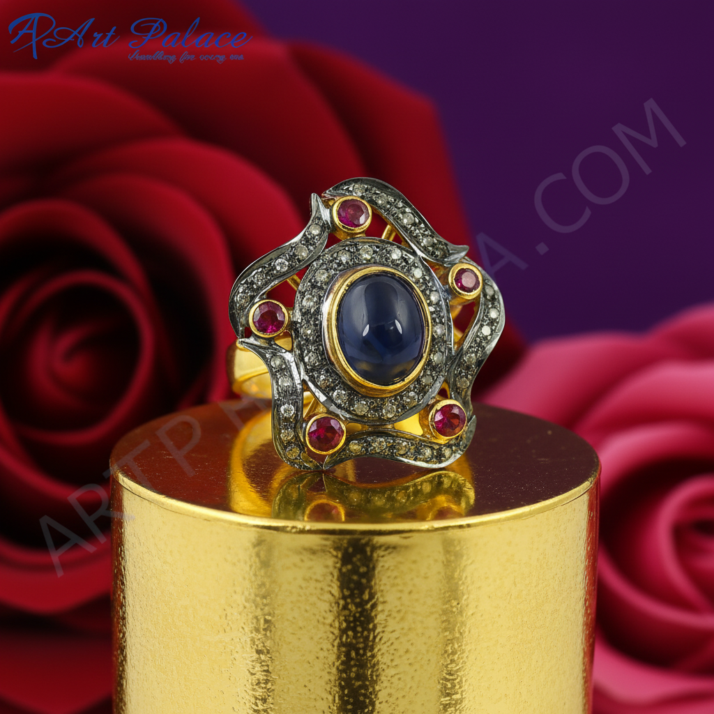 Sapphire & ruby ring | gold plated cocktail ring for women