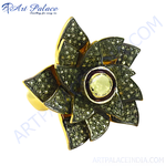 Load image into Gallery viewer, gold plating flower ring with diamond-encrusted petals and a green gemstone center for women.
