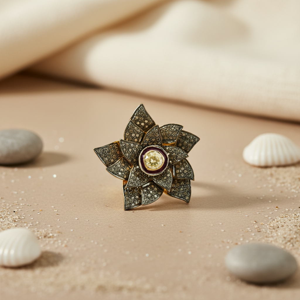 gold plating Flower Ring with Diamonds | Luxury Women's Jewelry