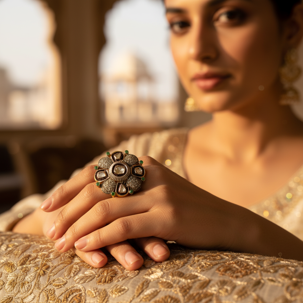 Anillo de oro con diamantes y esmeraldas para mujer | Diseño floral