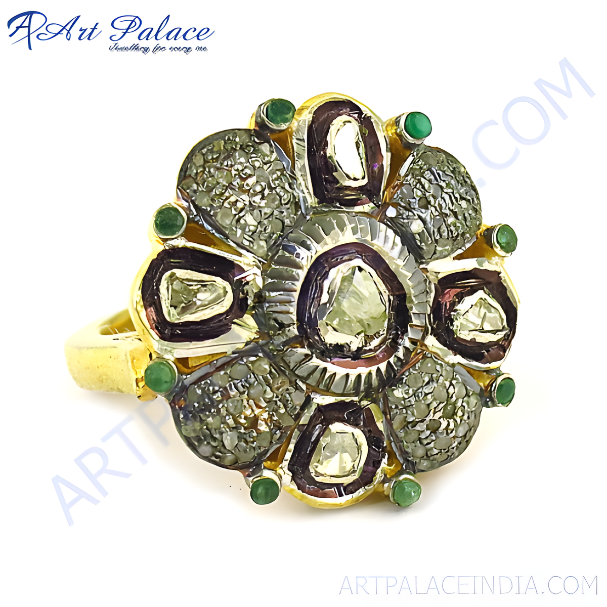 Gold plating floral ring with diamonds and green emeralds, a beautiful cocktail ring