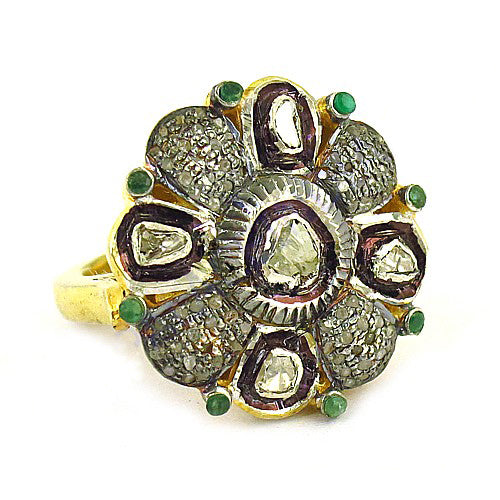 gold plating Ring with Diamonds & Emeralds for Women | Floral Design