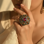 Load image into Gallery viewer, Ruby &amp; Emerald Ring | 18K Gold Plated Flower Ring for Women
