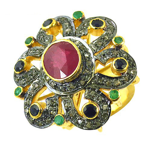 Ruby & Emerald Ring | Gold plating Plated Flower Ring for Women