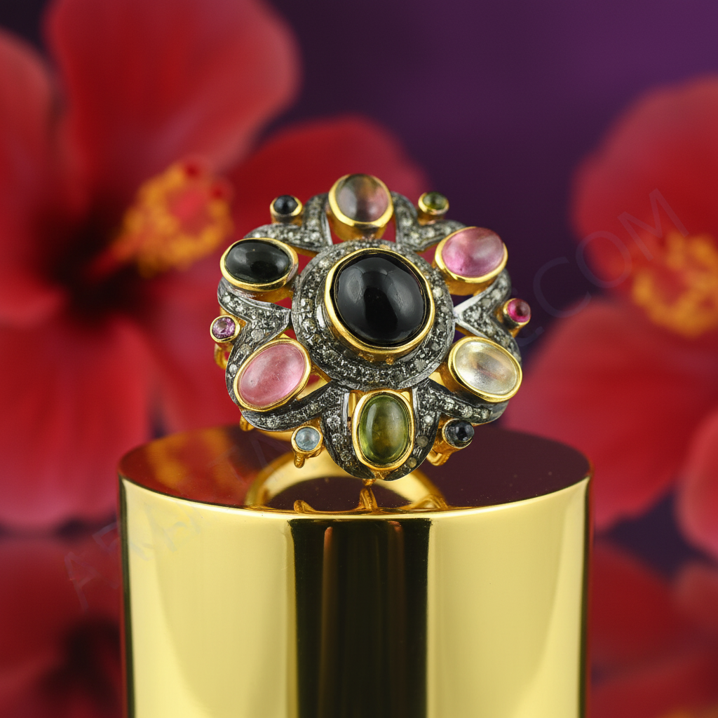 Multi gemstone ring | gold plated tourmaline ring for women