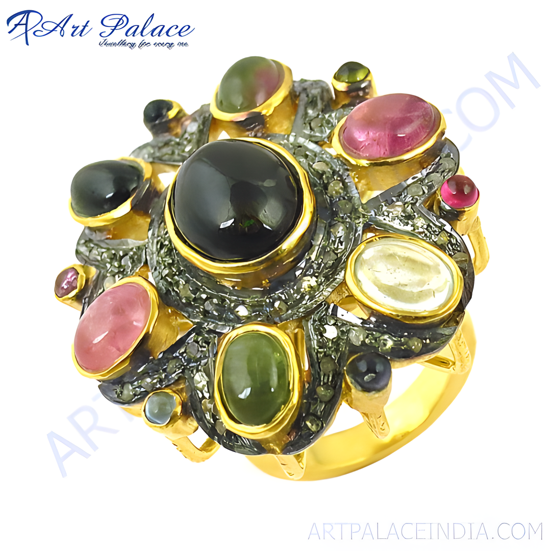 gold plating plated multi-gemstone ring with tourmaline and other colorful gemstones on a white background.