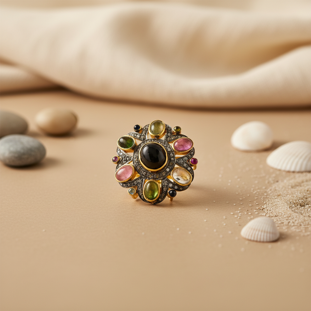 Multi Gemstone Ring | gold plating Plated Tourmaline Ring for Women