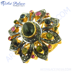 Load image into Gallery viewer, gold plating-tone floral ring with a dark green gemstone center and colorful surrounding stones.
