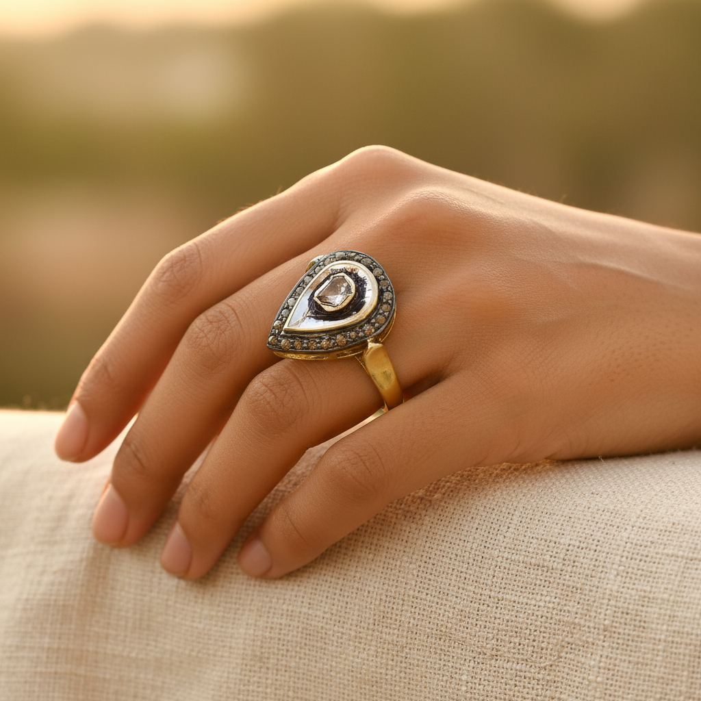 gold plating Ring with Diamond Halo | Women's Pear-Shaped Ring