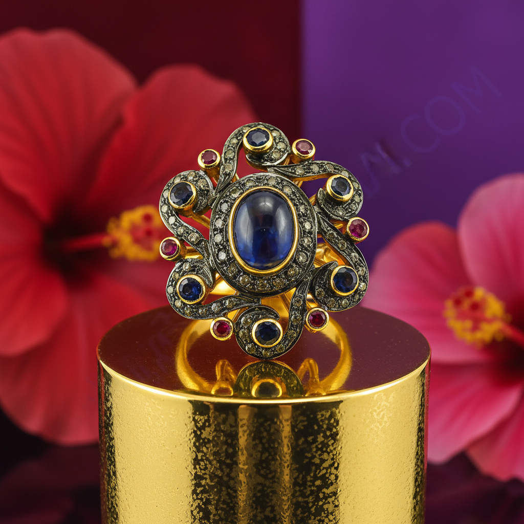 Sapphire & ruby ring | oxidized gold floral design | for women