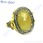 Load image into Gallery viewer, Gold plated ring with a large yellow sapphire gemstone center and diamond accents, for women
