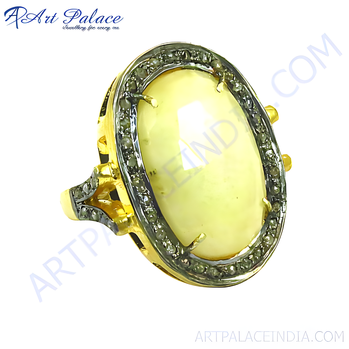 Gold ring with a large oval shaped yellow gemstone, surrounded by smaller stones