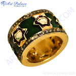 将图像加载到图库查看器中， gold plating ring with emerald green enamel and diamond accents, a unique statement jewelry piece
