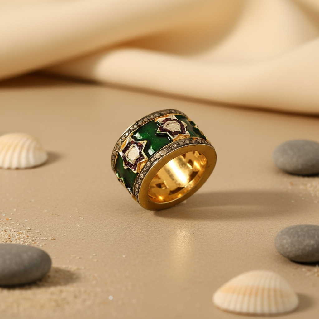 gold plating Emerald Enamel Diamond Ring | Unique Statement Jewelry