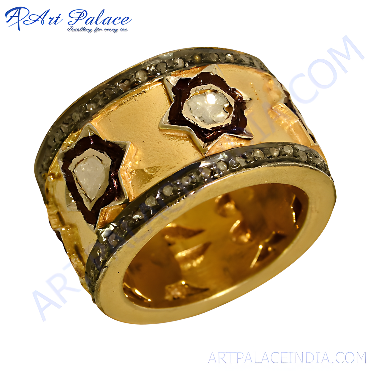 Gold plating statement ring with diamonds and gemstones, gold plating band, and unique design