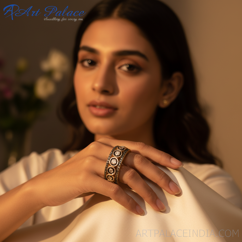 gold plating Ring with Black Diamonds for Women | Designer Jewelry