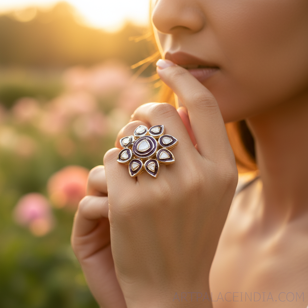 Anillo de oro con diamante y esmalte | Diseño floral | Para mujer