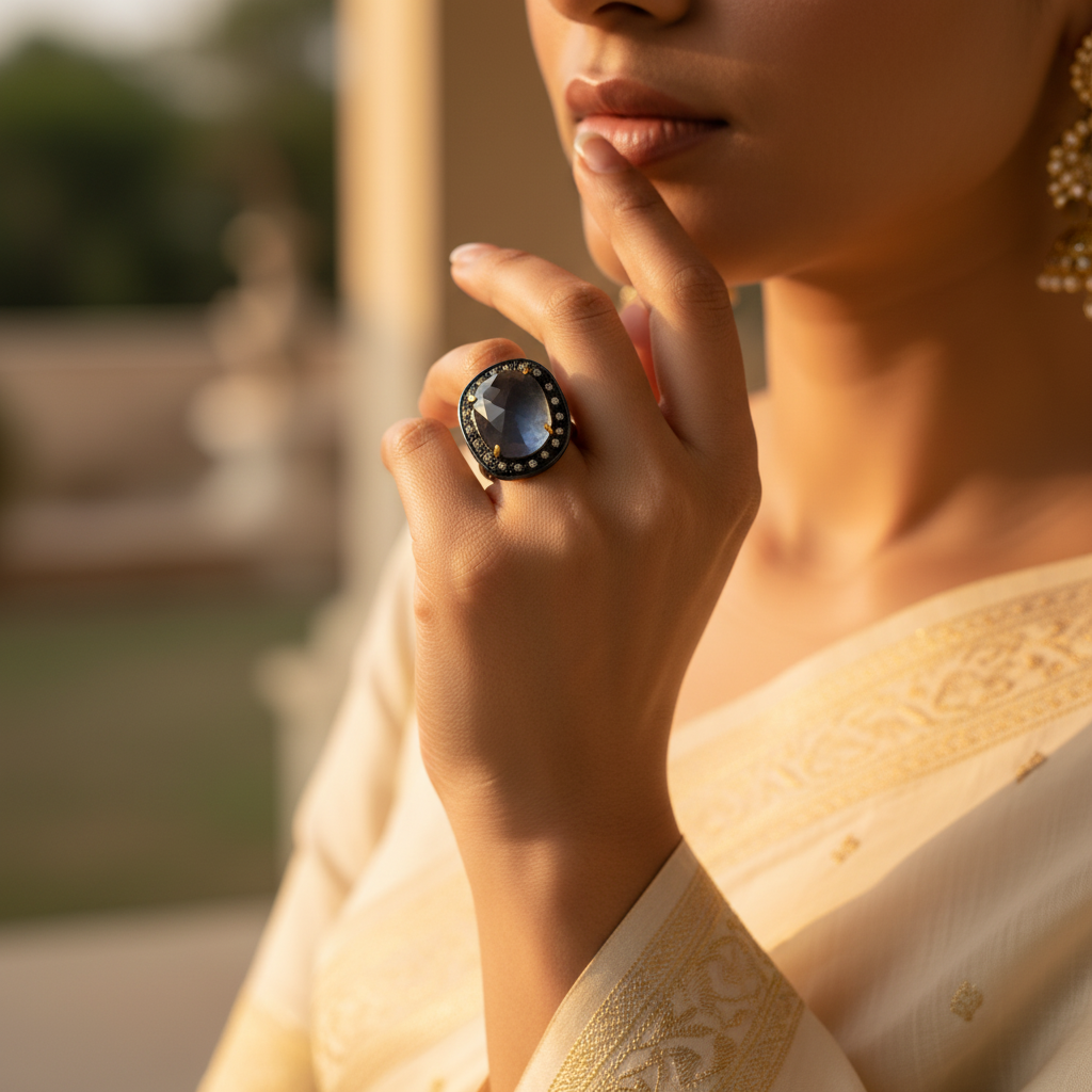 Sapphire & diamond ring in oxidized silver | women's jewelry