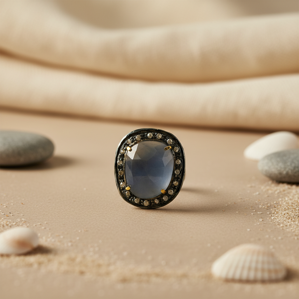 Sapphire & Diamond Ring in Oxidized Silver | Women's Jewelry