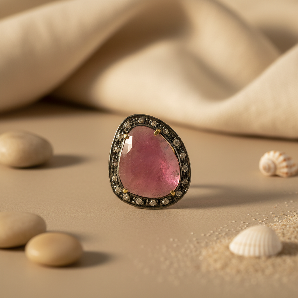 Pink Tourmaline & Diamond Ring | Silver Ring for Women