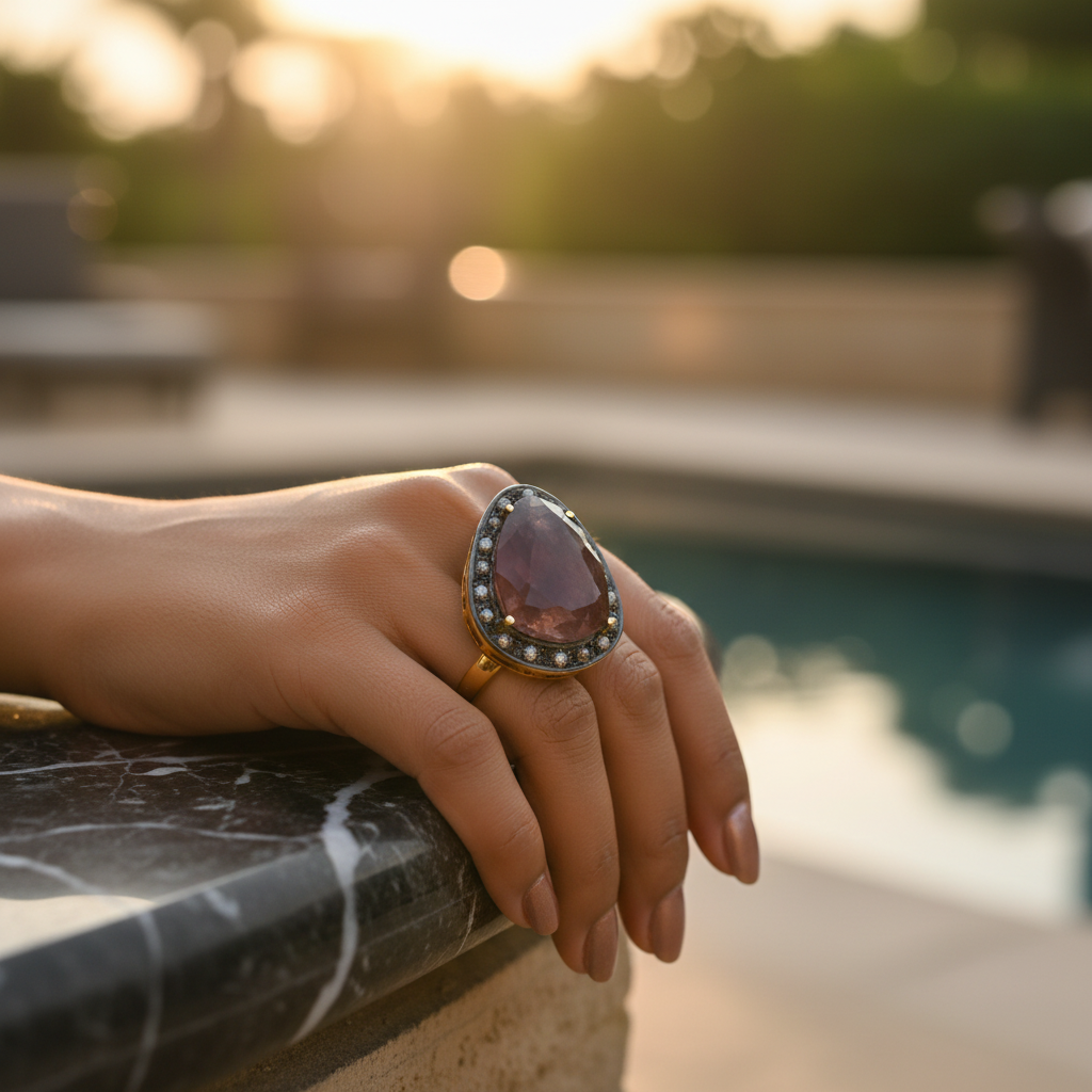 gold plating Ring with Brown Gemstone and Diamond Halo | Luxury Jewelry