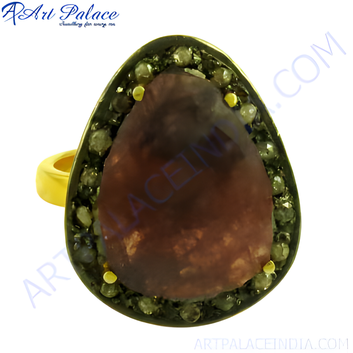 Gold plating ring with a large brown gemstone center and a halo of small diamonds for women