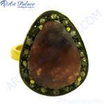 Load image into Gallery viewer, gold plating ring with a large brown gemstone center and a halo of small diamonds for women
