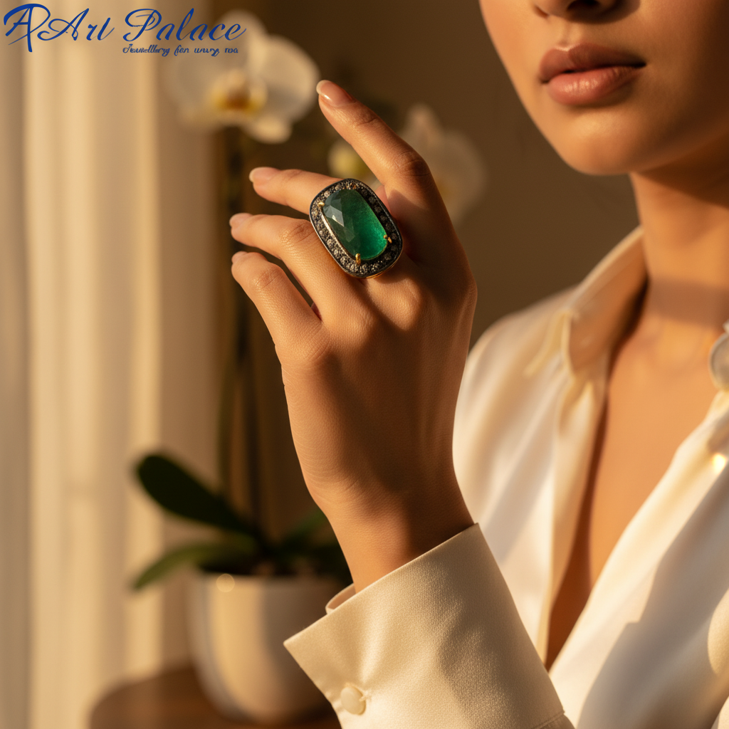 Emerald and Diamond Ring | gold plating Finish | Women's Jewelry