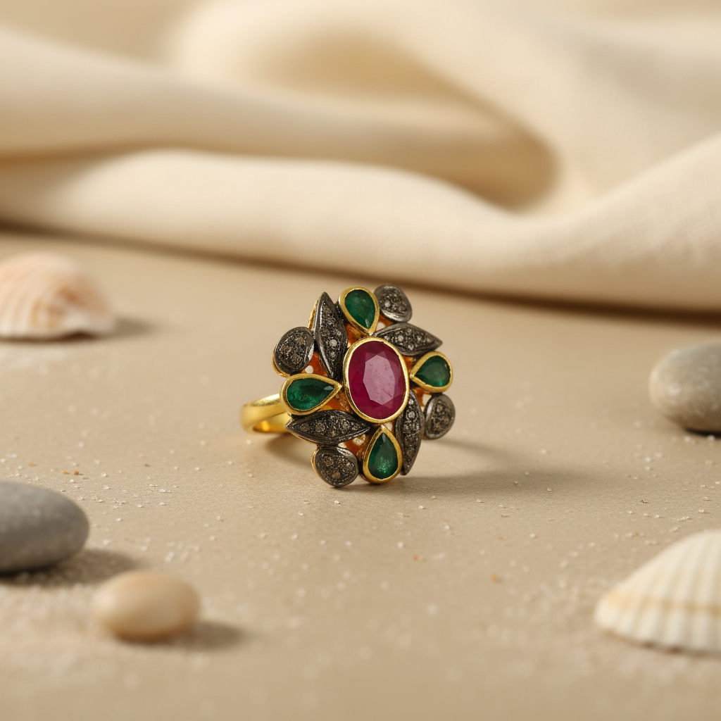 gold plating Ruby & Emerald Ring | Cocktail Ring for Women