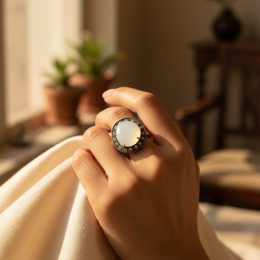 gold plating Ring with White Gemstone and Diamonds | Women's Ring