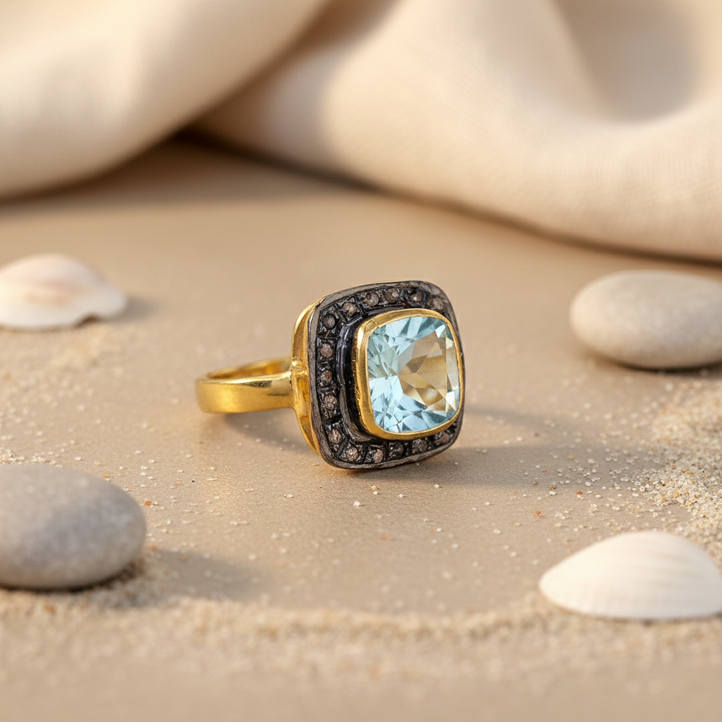 gold plating Ring with Blue Topaz and Diamond Accent | Women's Jewelry