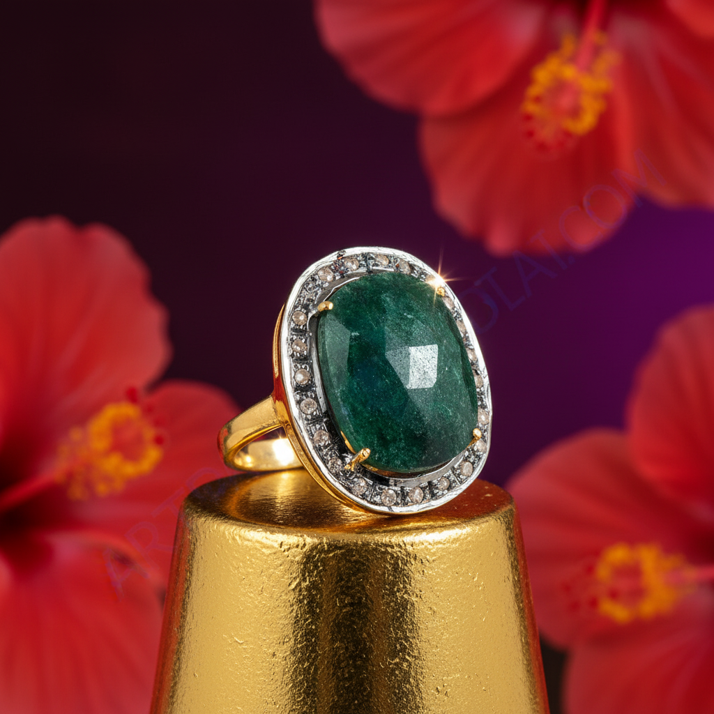 女士金戒指，镶嵌祖母绿宝石和钻石光环。