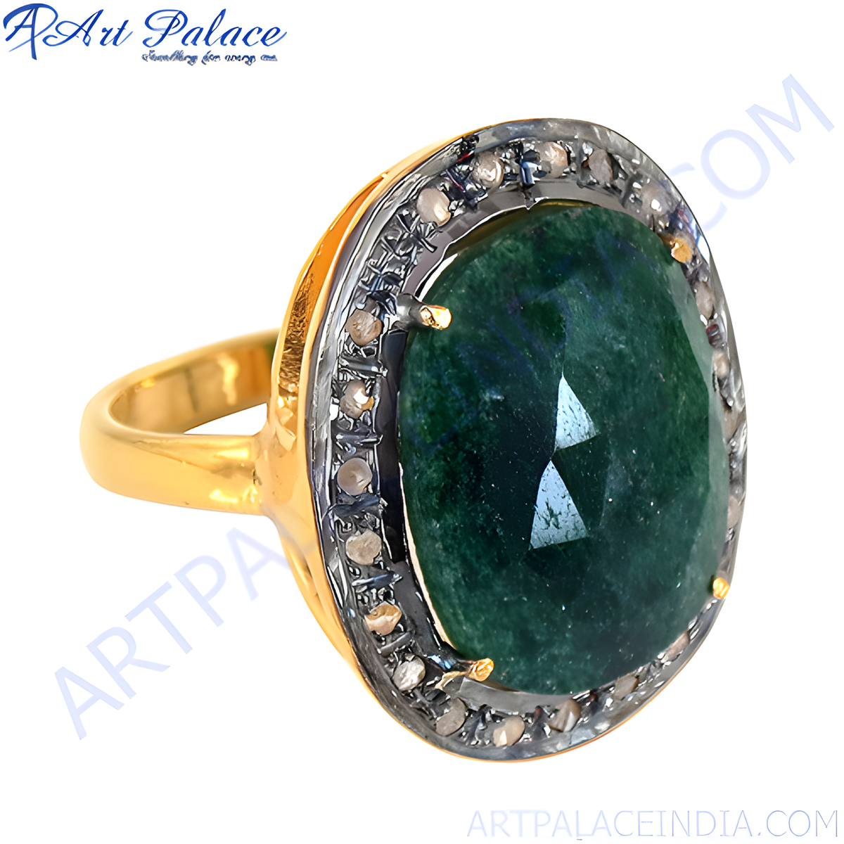 Gold plating ring with a large emerald gemstone and a diamond halo