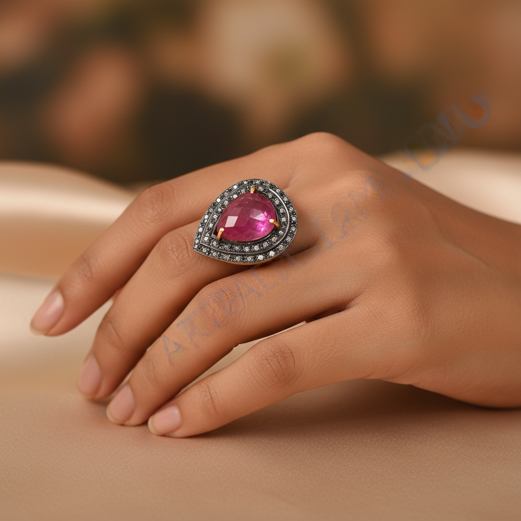 Gold ruby & diamond ring for women | pear cut engagement jewelry