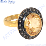 Load image into Gallery viewer, gold plating ring with a large citrine gemstone and diamond accents around the bezel.
