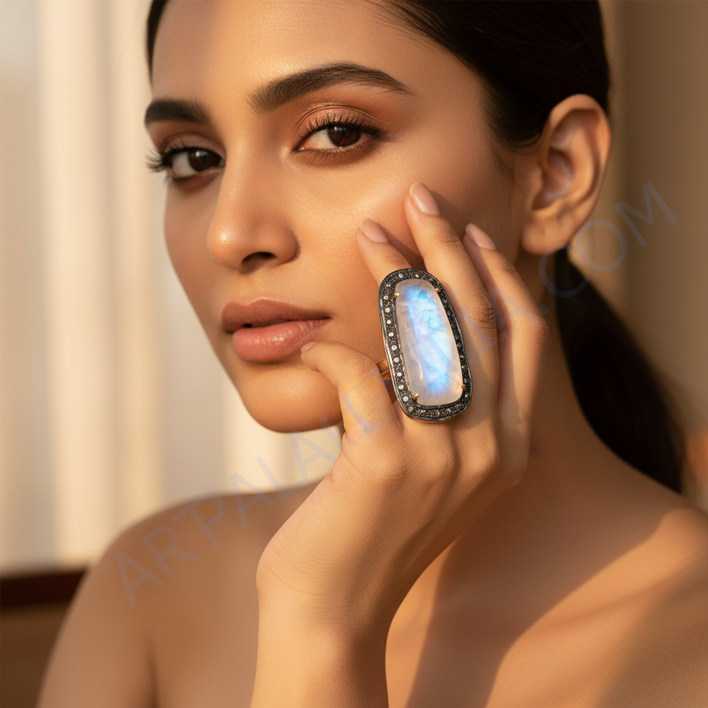 Anillo de cóctel de piedra lunar con detalles de diamantes | Anillo chapado en oro