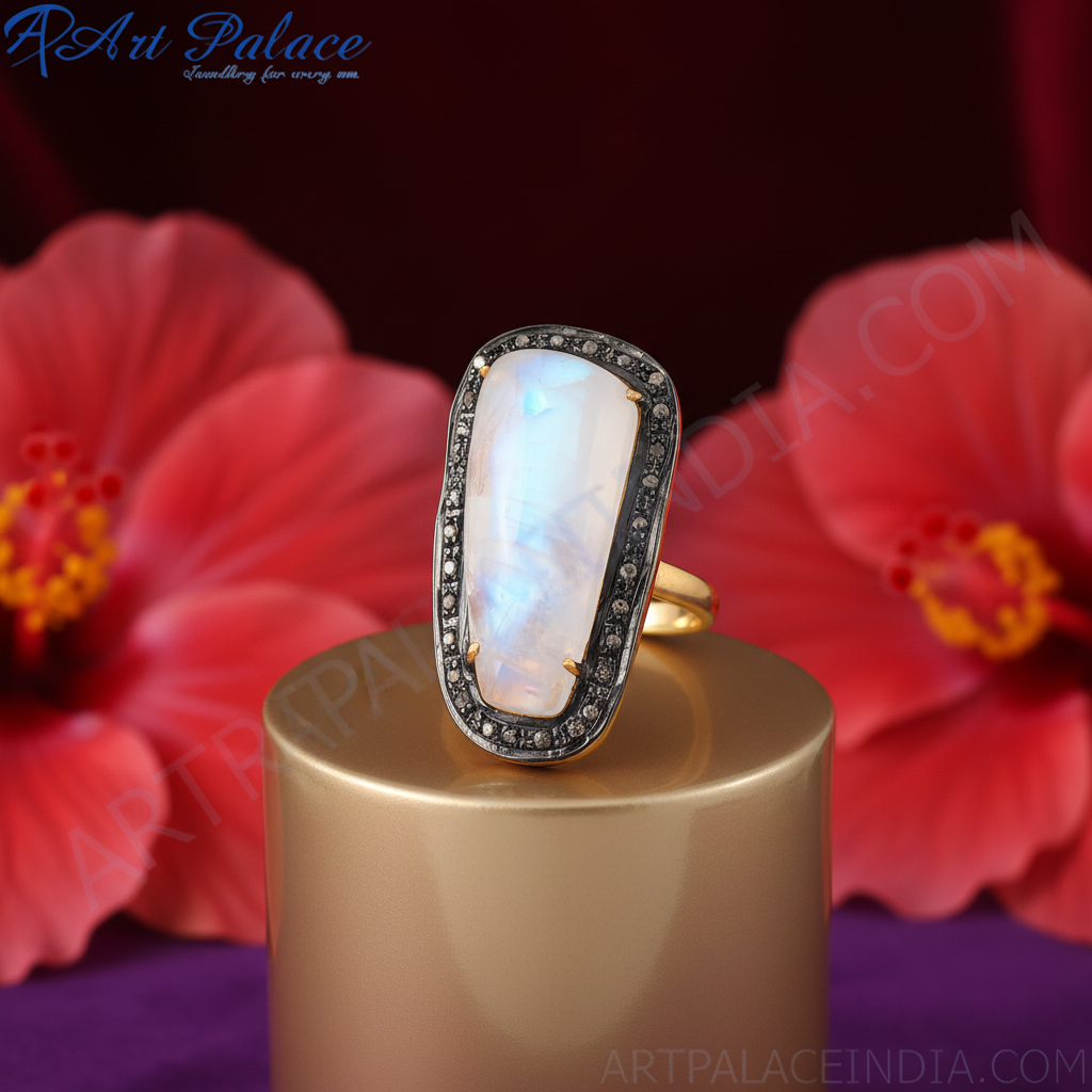 Anillo de cóctel de piedra lunar con detalles de diamantes | Anillo chapado en oro