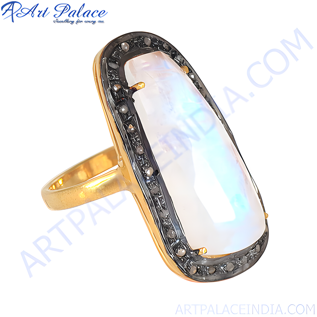 gold plating-plated moonstone cocktail ring with black diamond accents, rectangular gemstone, elegant jewelry.