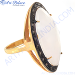 Load image into Gallery viewer, gold plating ring with a large white opal stone and black accents, a stylish statement ring.
