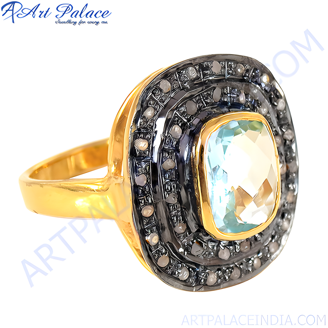 gold plating ring with a large square cut blue topaz gemstone surrounded by small accent stones, perfect for elegant wear.