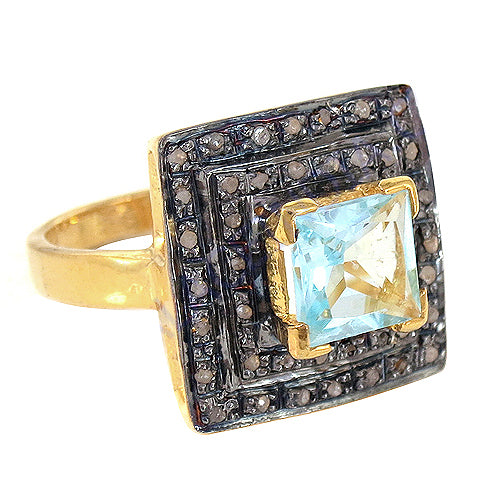 gold plating Ring with Blue Topaz & Black Diamonds | Women's Ring
