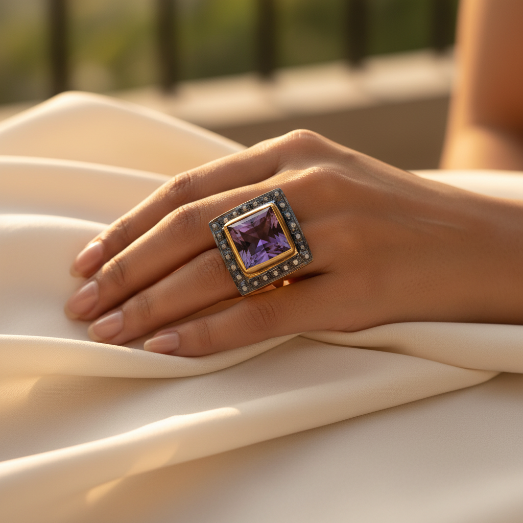 gold plating Amethyst Ring | Square Cut Gemstone Ring for Women
