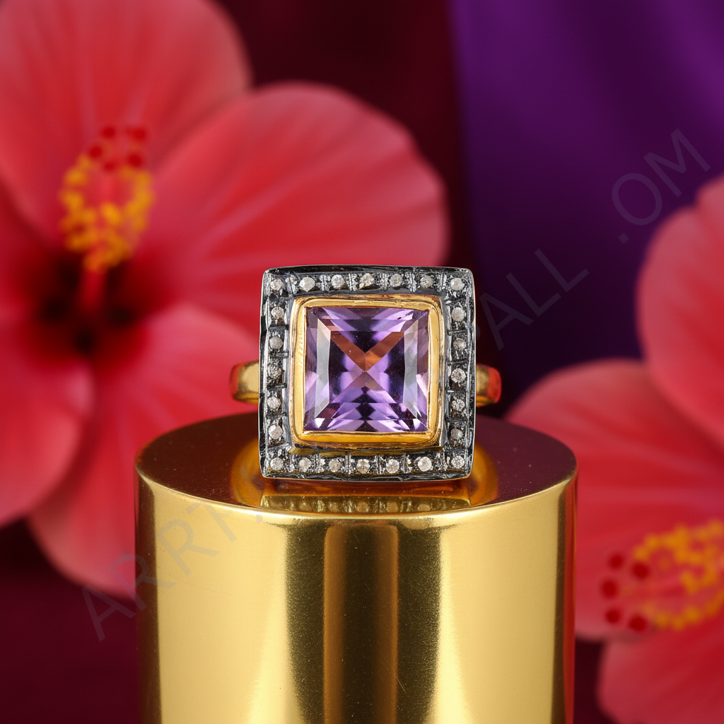 gold plating Amethyst Ring | Square Cut Gemstone Ring for Women