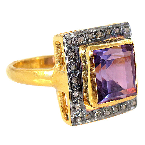 gold plating Amethyst Ring | Square Cut Gemstone Ring for Women